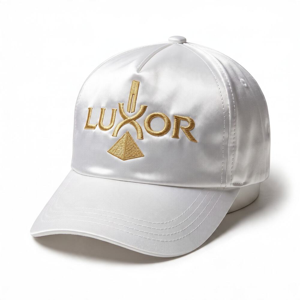 Vintage 90s Luxor Casino Las Vegas Strapback Hat Shiny White Satin Gold Stitch